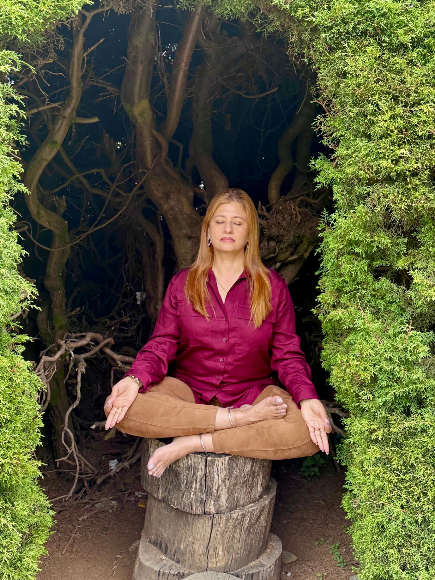 Poonam Diksha Mahtani seated in meditation on a tree stump in a sunlit forest